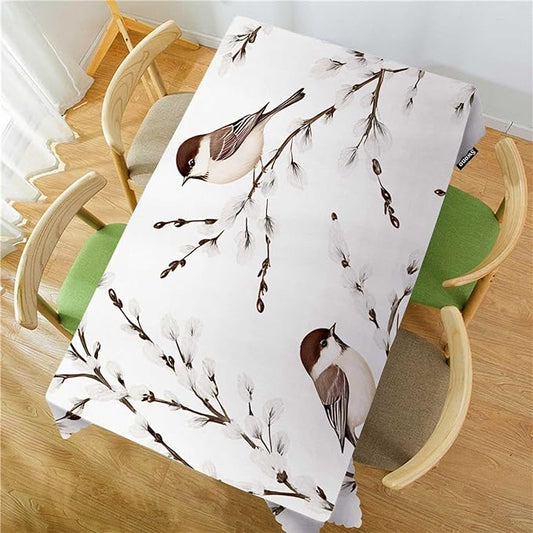 Swono Bird Tablecloth Willow Branches and Birds Chickadee Decorative Oblong Table Cover for Kitchen, Dining, Party Banquet and Holiday Tablecloth, 52x70 Inch(4-6 Seats)