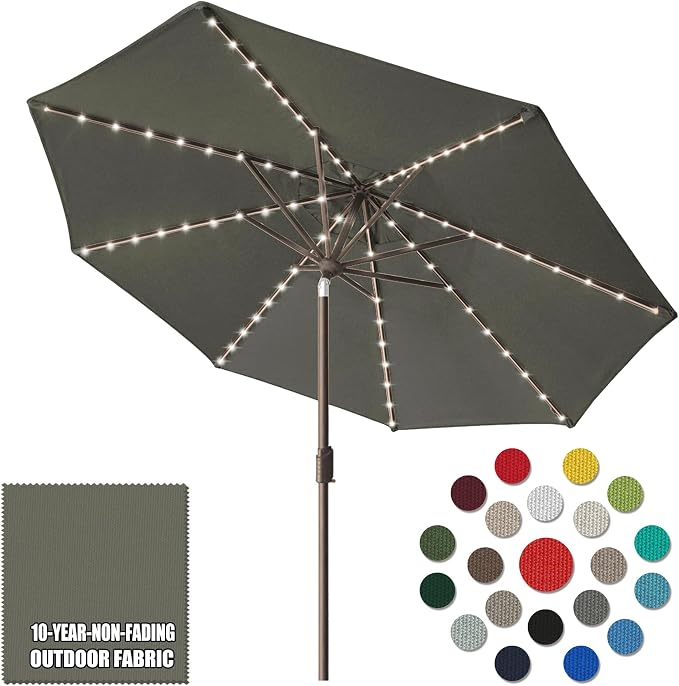Eurmax USA 10-Year-Non-Fading 10FT Outdoor Patio Market Umbrella with LED Lights,UPF50+ UV Resistant,Heavy Duty Commercial Grade,Crank Lift&Tilt,Windproof Vented Top for Garden,Pool,Deck,Charcoal