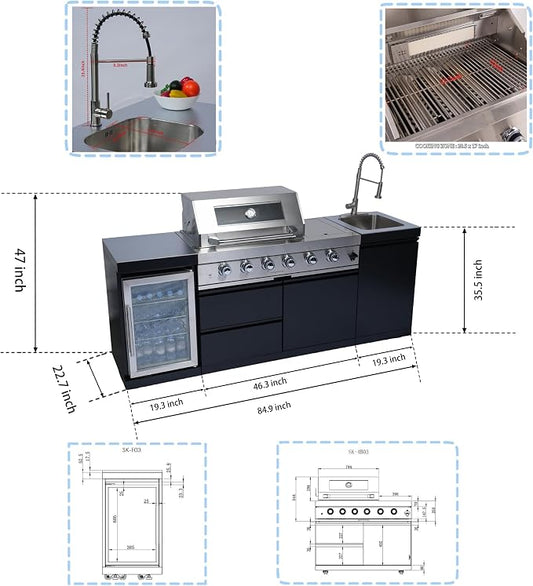 85" 4-Burner 72000 BTU Outdoor Kitchen Island,304 Stainless Steel Modular LPG BBQ Grill Combination With Granite Countertops, Storage Cabinet, Refrigerator and Sink (85"-Black&Sivler, Propane Gas)