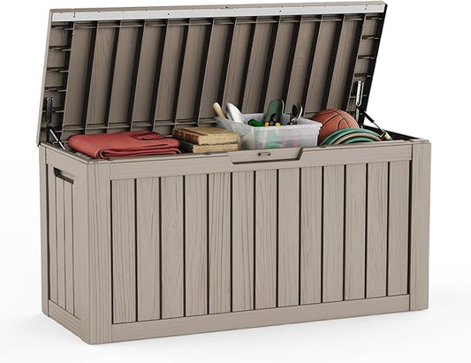Pepe Tee Waterproof Resin Deck Box, Outdoor Storage Bin for Patio Furniture Cushions, All-Weather Garden Organizer & Seating Bench, Coffee