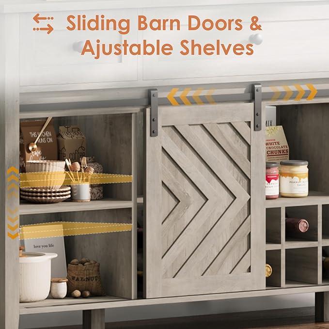 CABIHOME Farmhouse 47.2'' Buffet Cabinet with Sliding Barn Door, 33.4'' Tall Wood Rustic Sideboard with 3 Drawer, Adjustable Shelf and Removable Wine Rack (Vintage, 59'')