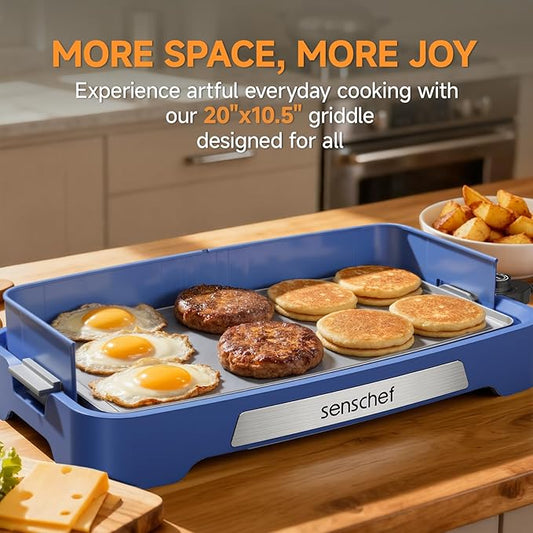 Cleansnap Everyday Electric Griddle,The Ultimate Gift for Family Feasts - 20” Nonstick Grill with Foldable Anti-Mess Shield, Rapid 1700W Heat&PPG Ceramic Coating, Dishwasher Safe, Ocean Blue