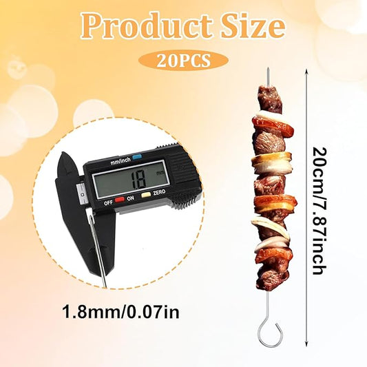 20 Pcs Metal Skewer for Grilling, 8" Reusable Barbecue Skewers Kabob Skewer Stainless Steel Shish Kebob Sticks for Grill Oven Outings BBQ Vegetable Cooking