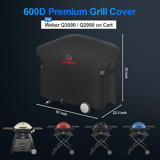 Comnova Grill Cover for Weber Q Grill on Cart - 7112 BBQ Cover for Weber Q3000/Q300/Q2000/Q200 with Portable Stand, 600D Heavy Duty & Waterproof BBQ Cover for Weber Q3200, 3000, 320, 300 and More