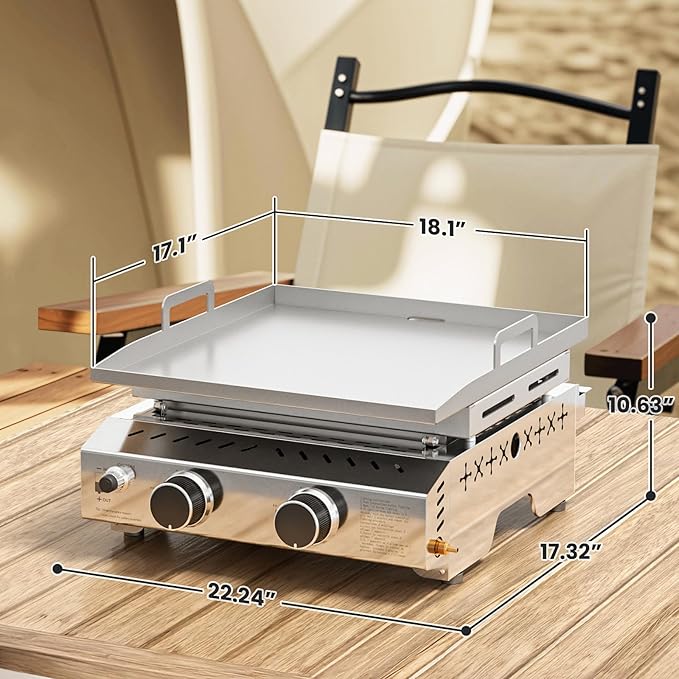 WAA Portable Propane Griddle, 16000BTU Tabletop Portable Propane Gas Grill with 2 Burners, Stainless Steel Flat Top Grill, Outdoor Cooking for Tailgating,Camping, RVs, BBQ, Patio, Silver
