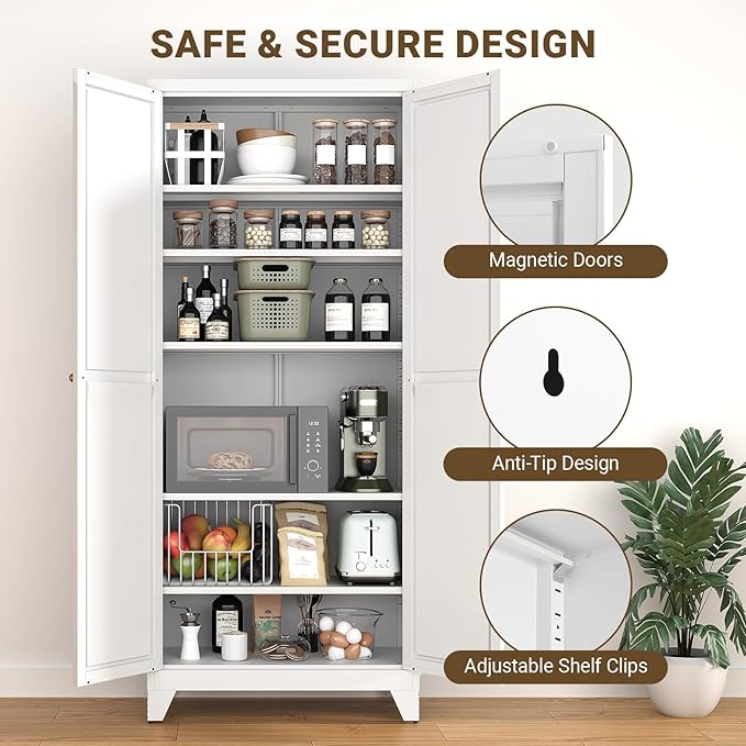 75" Tall Metal Kitchen Pantry Cabinet, Freestanding Steel Storage Cabinet with Doors, 5 Adjustable Shelves, for Dining Room, White