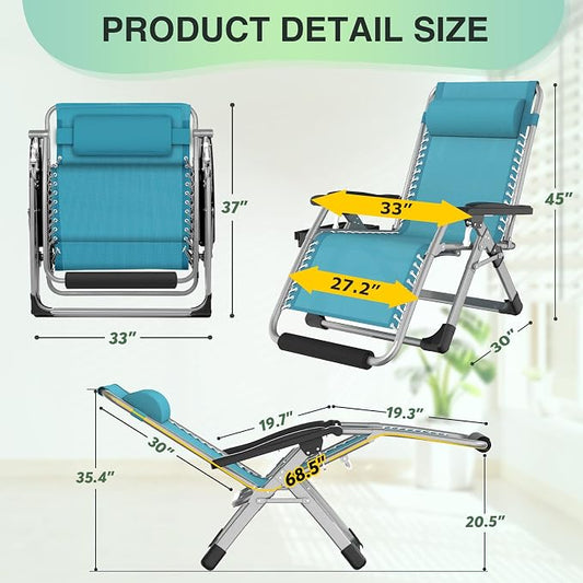 Suteck Oversized Zero Gravity Chair,500LBS 33In XXL Outdoor Recliner Chairs | w/Removable Cushion&Headrest, Camping Lounge Chair w/ Upgraded Lock&Footrest, Reclining Patio Chairs for Indoor Outdoor