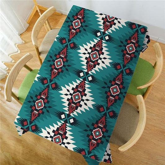 Swono Aztec Pattern Tablecloth Ethnic Native Style Boho Geometric Green Decorative Table Cover for Kitchen, Party Banquet and Holiday Tablecloth, 52x70 Inch(4-6 Seats)