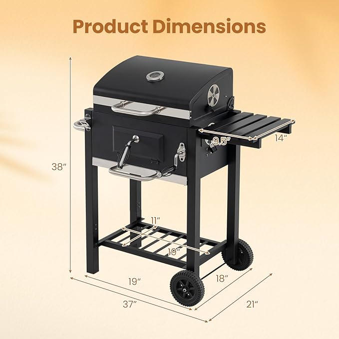 Giantex Charcoal Grill with Foldable Side Shelf, Outdoor BBQ Grill with Adjustable Charcoal Tray, Thermometer, Shelves & Ash Tray, Portable Barbecue Griddle with Wheels for Backyard, Camping, Picnic