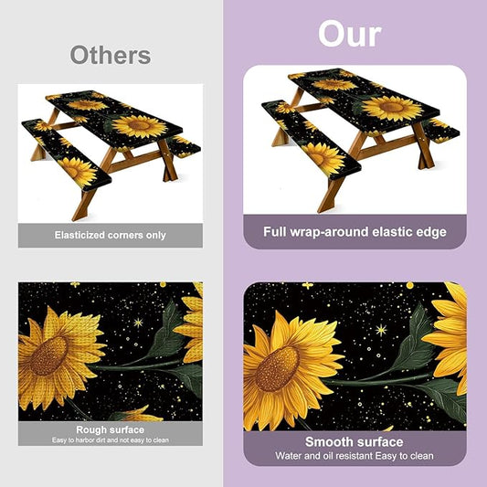 Picnic Table Cover with Bench Covers Sunflower, Waterproof Windproof Elastic Fitted Tablecloth for 6FT Rectangle Tables, Outdoor Camping Patio Garden BBQ Table Cover Set