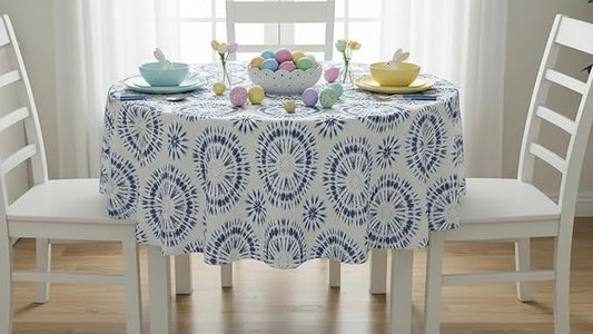 Newbridge Blue Tie Dye Vinyl Tablecloth, 70 Inch Round – Flannel Backed Blue and White Table Cover for Dining, Picnics, BBQs, and Parties