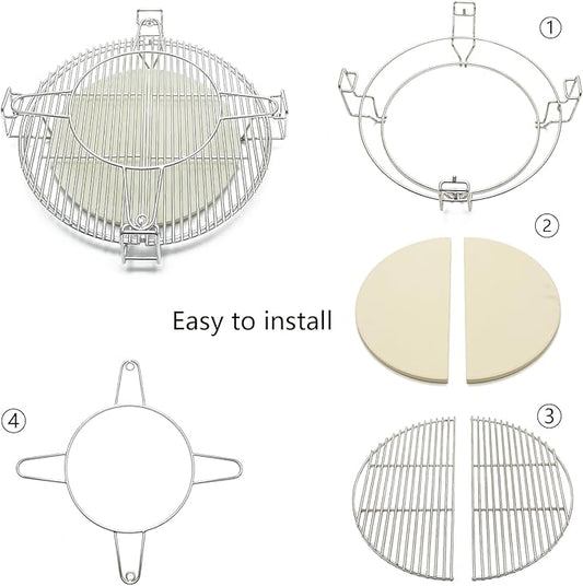 Multi-Level Cooking Grates with Ceramic Heat Deflectors System Kit for Large Big Green Egg, BGE Kamado Joe Classic, Coyote The Asado Cooker, Pit Boss,Char-Griller Akorn Charcoal Grill