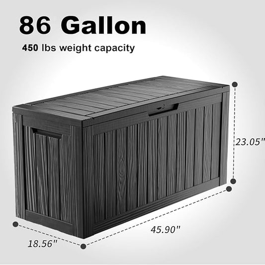 Waterproof Outdoor Storage Box, 86 Gallon Lockable Deck Box, UV-Resistant Outside Storage Bin With Hydraulic Lid For Patio Furniture, Cushion Organizer, Garden Tools, Pool Accessories, Black