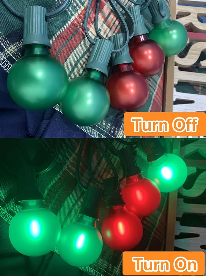 SUNSGNE 50FT G40 Round Christmas Lights Outdoor, Globe Christmas String Lights with 27 LED Frosted Red Green Lights(2 Spare) for Patio Balcony Roofline House Tree Decor, Green Wire