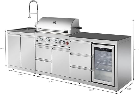 BBQ Outdoor Kitchen Island Grill Barbecue Modular Patio Kitchens Kits with Electric Rotisserie, Sink, fridge, and Burner for More than 10 People