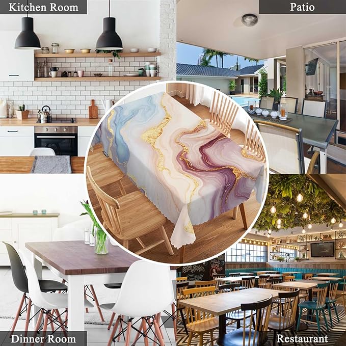 Swono Marble Tablecloth Abstract Pink Golden Waves Marble Pattern Rectangle Table Cloth Washable Plaid Table Cover for Kitchen Holiday Dinner, 52x 70 Inch Tablecloth