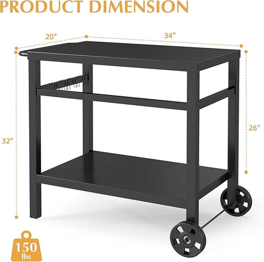 DDK 2-Tier Outdoor Grill Table, 34" Metal Top BBQ Prep Cart with Wheels & Hooks, 150 LBS Capacity Grill Cart for Patio Backyard Camping, Works as Griddle Stand & Potting Bench