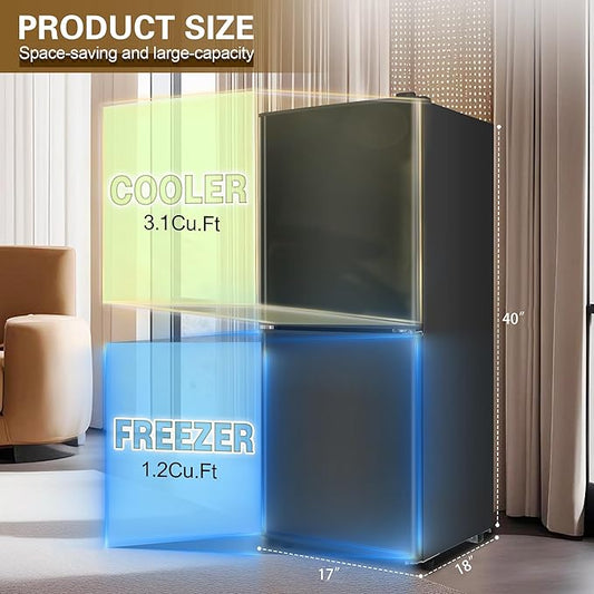 Dorm Size Fridge with Freezer 4.3 Cu. Ft., 2-Door Small Refrigerator with Bottom Freezer, 7-Level Thermostat Control, Low Noise Mini Fridge for Apartment, Office, Kitchen, Black
