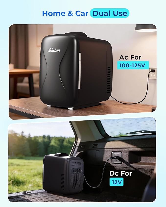 BEICHEN Mini Fridge, 4 Liter/6 Can Portable Cooler and Warmer Fridge for Drinks Skincare Food – Fast Cooling & Ultra-Quiet, Small Compact Refrigerator for Bedroom, Cosmetics, Office and Car(Black)