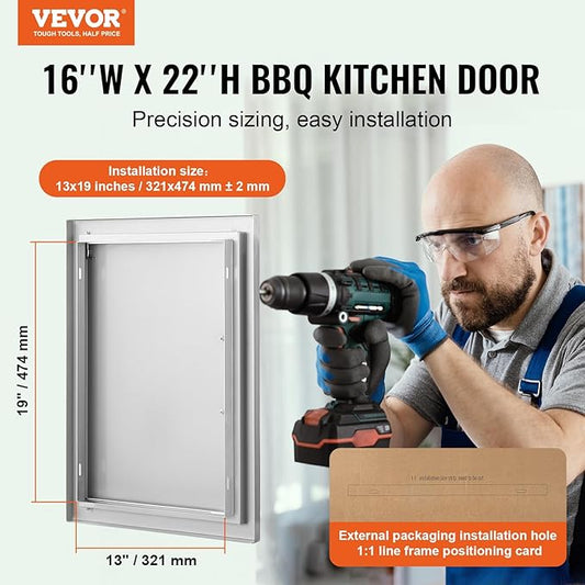 VEVOR Outdoor BBQ Access Door, 16W x 22H Inch, Stainless Steel Flush Mount, Vertical Door with Handle for Grilling Station
