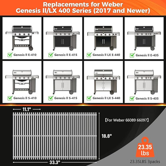 QuliMetal 9.5MM Grill Grates for Weber Genesis II E-410/E-415/E-435, Grill Parts for Genesis II/LX E-440 Series Gas Grills, 304 Stainless Steel Grill Grates Parts for Weber GS4 66089 66097