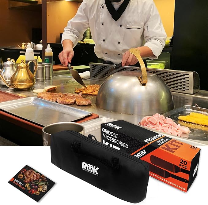 Blackstone Griddle Accessories Kit, RüK 20 PCS Flat Top Griddle Accessories Set with Anti-Scalding Long Handle Metal Spatula, Griddle Scraper, Cleaning Kit, e-Cookbook for Blackstone and Camp Chef