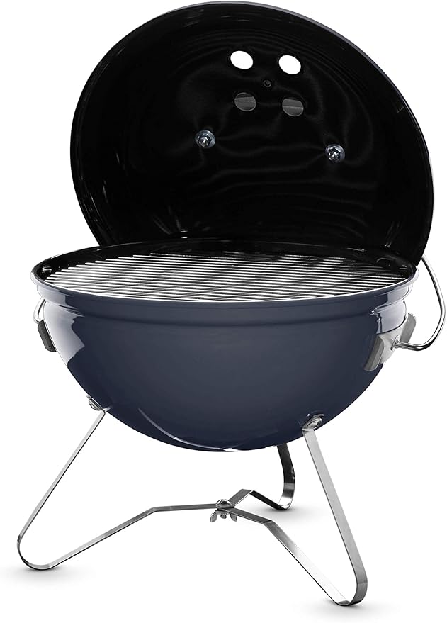 Weber Smokey Joe Premium Charcoal Grill Barbeque, 37cm | Portable BBQ Grill with Tuck-N-Carry Lid Cover & Plated Steel Legs | Folding Outdoor Cooker | Porcelain-Enamelled Bowl - Slate Blue (1126804)