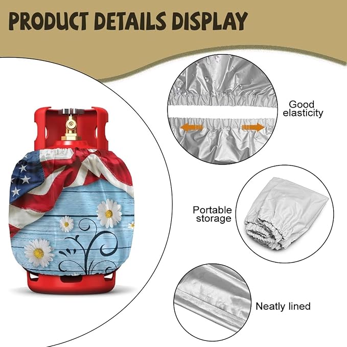 American Flag Propane Tank Cover 20 lb Patriotic Weather Resistant Windproof Gas Cylinder Polyester Daisy 4th of July Decoration Slip-On Standard Tank Cover