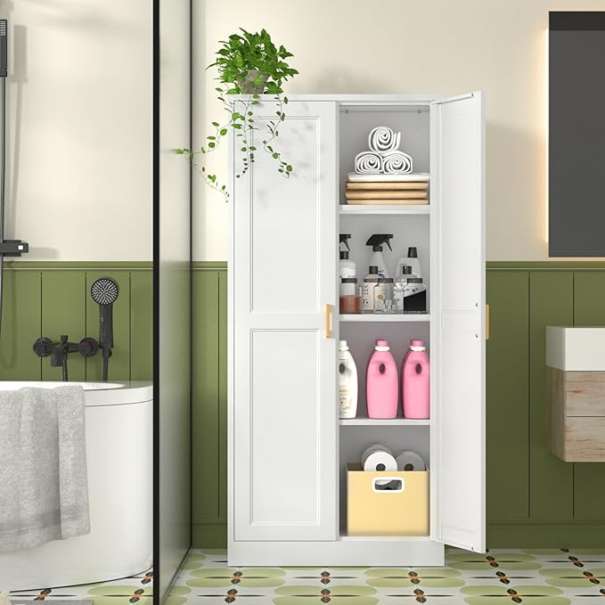 Polup Kitchen Pantry Cabinet, 60 Inch Tall Pantry Storage Cabinet with Doors and Adjustable Shelves, Metal Storage Cabinet with Golden Handles for Dining, Living Room, Assembly Required, White