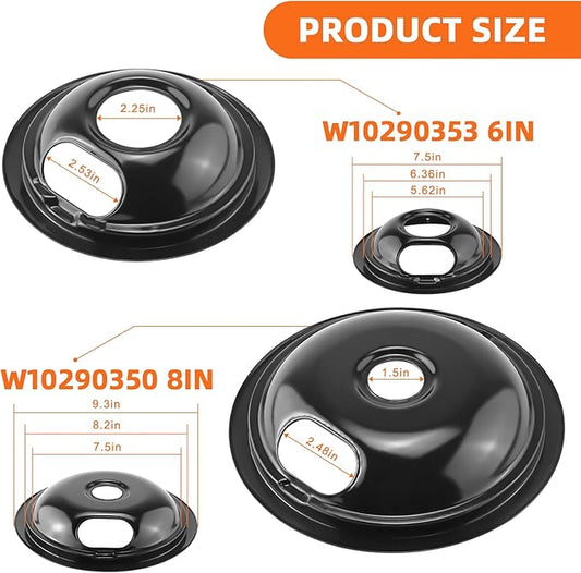 Stove Burner Covers W10288051 Burner Drip Pans -2 Packs 6” W10290353 Black Porcelain Burner Pans and 8" W10290350 Stove Top Covers for Electric Stove by Sikawai