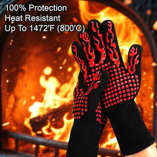 BBQ Gloves Fireproof, 1472°F/800°C F Heat Resistant Grill Cut-Resistant Mitts, Non-Slip Silicone Oven Gloves Long Kitchen Gloves for Barbecue Cooking Baking Cutting