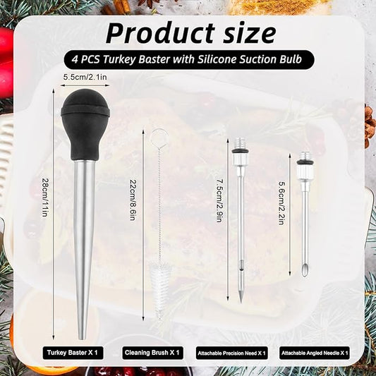 304 Stainless Steel Large Turkey Baster for Cooking,Food Grade Baster Syringe and Silicone Suction Bulb,with 2 Detachable Needles1 Cleaning Brush,for Kitchen,BBQ,Grill Baking,Meat Injection (Black)
