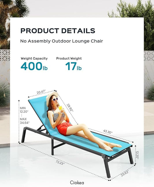 Ciokea Aluminum Foldable Lounge Chairs Set of 2 with 1 Outdoor Aluminum Side Table ,Perfect Match ,Suitable for Courtyard, Balcony, Lawn and Other Scenes,Lake Blue