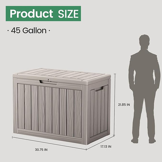 45 Gallon Outdoor Storage Box, Waterproof Resin Deck Box with Side Handles, Lockable Outdoor Bench for Indoor & Outdoor Use, Storage Bin for Patio Cushions, Garden Tools, Khaki