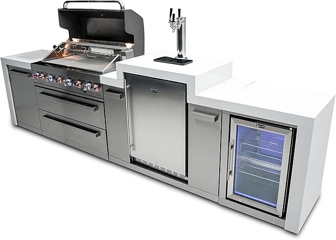 Mont Alpi 142"W Stainless Steel Deluxe Modular Outdoor Kitchen Island with Refrigerator + 3 Tap Kegerator Fridge Dispenser + 44"W 6-Burner BBQ Grill + Granite Countertops + Storage Cabinets & Drawers