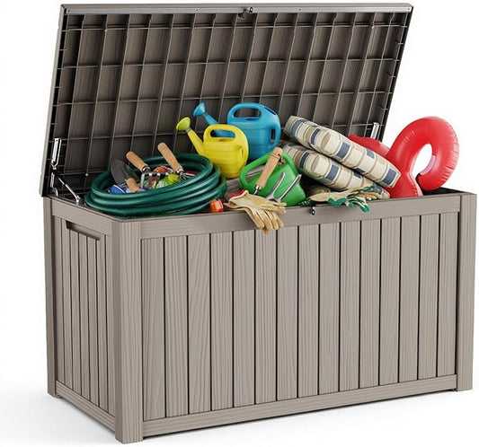 Pepe Tee Waterproof Resin Deck Box, Outdoor Storage Bin for Patio Furniture Cushions, All-Weather Garden Organizer & Seating Bench, Coffee