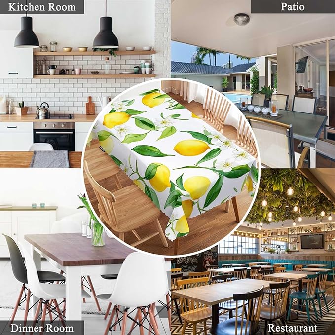 Swono Lemon Table Cloth Rectangle Tables Fruits Lemon Leaves Floral Kitchen Table Cover Oblong 52"X70" Tablecloth for Dining Table Buffet Parties Patio and Camping, Yellow Green