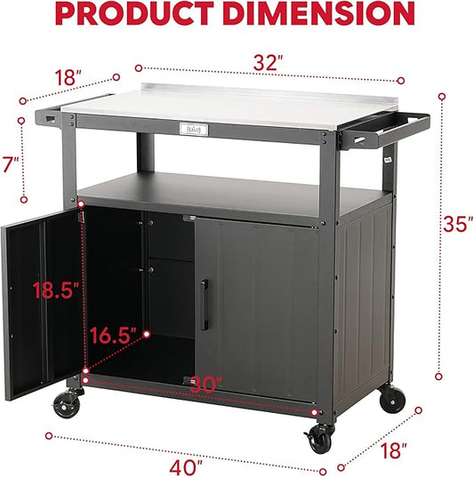 Feasto Outdoor Grill Cart with Stainless Steel Tabletop and Storage Cabinet, Movable Kitchen Island with Wheels for BBQ Food Prep, Black