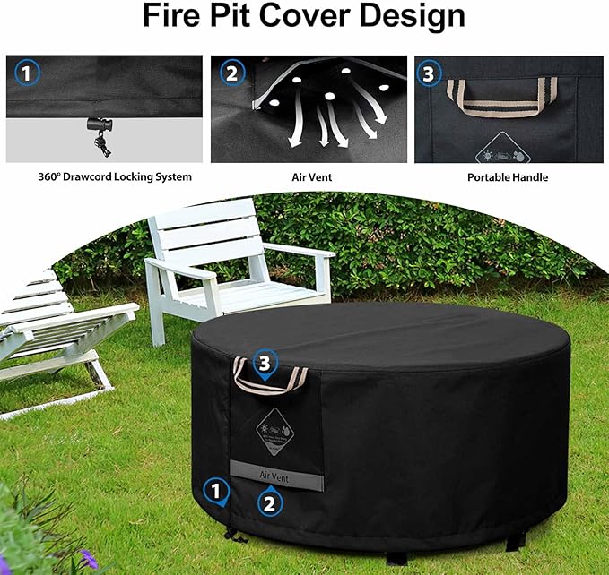 QH.HOME Fire Pit Cover Round Super Waterproof, 41"-44" D X 24" H Outdoor Round Firepit Cover 600D Strong Tear Resistant, UPF 50+ Fire Pit Covers Premium Fading Resistant for Outdoor Fire Pit - Black