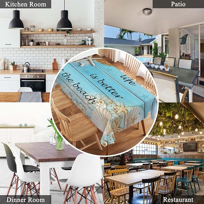 Swono Beach Wood Tablecloth Straw Hat Seashell Starfish Rectangle Table Cloth, Life is Better at The Beach Quote 52x 70 Inch Tablecloth Plaid Table Cover for Kitchen Holiday Dinner