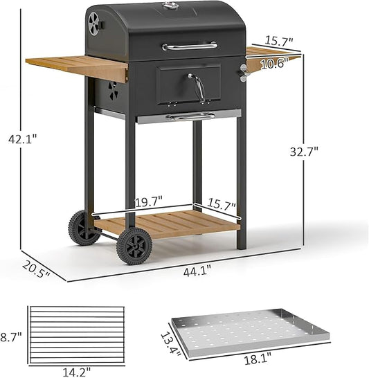 Outdoor Charcoal Grill, Barbecue Grill Charcoal with Cover & Side Table, BBQ Charcoal Grill for Camping Patio Backyard Picnic, 245 Sq. In. Cooking Area, Portable|Barrel Style (44")