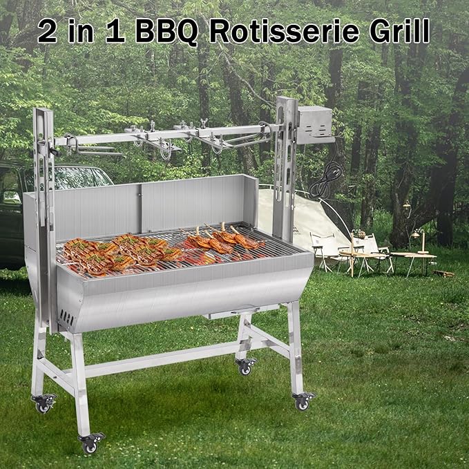 25W Stainless steel pig roaster rotisserie grill, 34.6-inch rated 132-pound barbecue grill suitable for outdoor camping kitchens
