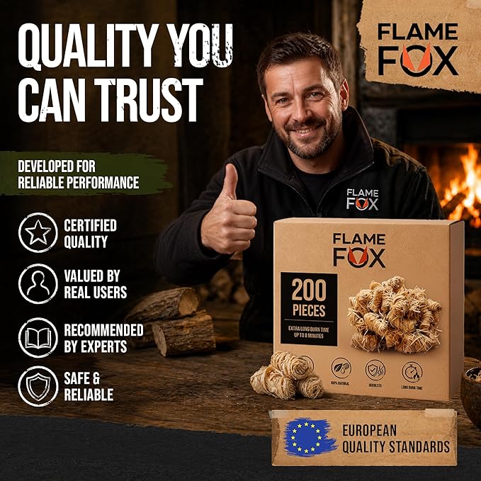 FlameFox Fire Starters 200 pcs – Natural Wood Wool Tumbleweed Fire Starter – Odorless Long Burning and Eco Friendly Firestarters – for Fireplace, Campfire, Grill, BBQ, Charcoal, Wood Stove & Fire Pit