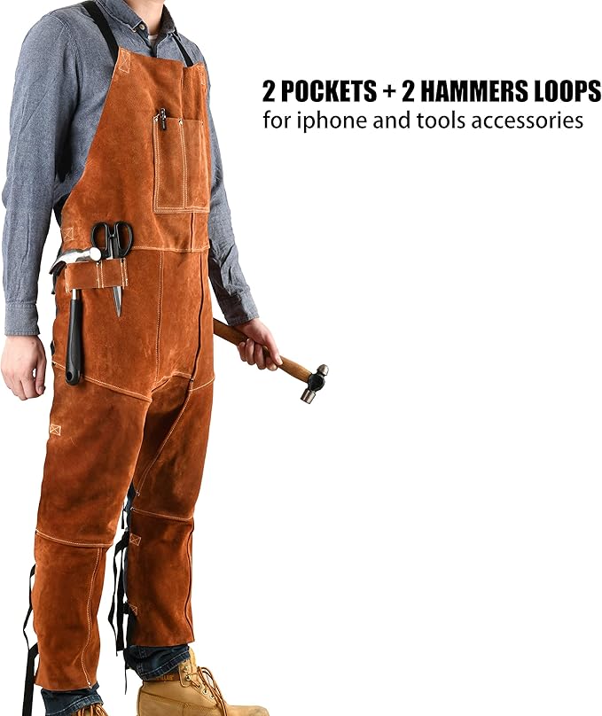 QeeLink Leather Welding Apron Split Leg for Men - Spark Flame Heat Resistant Bib Protective Chaps - Heavy Duty Cowhide Pants