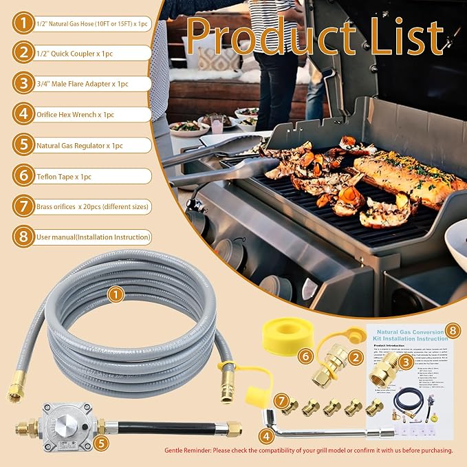 Propane to Natural Gas Conversion Kit Compatible with weber genesis, genesis II, spirit and spirit II, etc Grills,15FT 1/2" Natural Gas Conversion Kit with Regulator for weber Grills, 1-Year Warranty