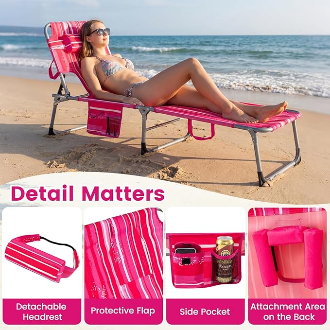 COSTWAY Tanning Chair with Face Hole, Folding Beach Lounge Chair with 4-Position Adjustable Backrest, Pillow & Side Pocket, Foldable Chaise Lounge Chair Outdoor for Sunbathing, Camping (2, Pink+White)