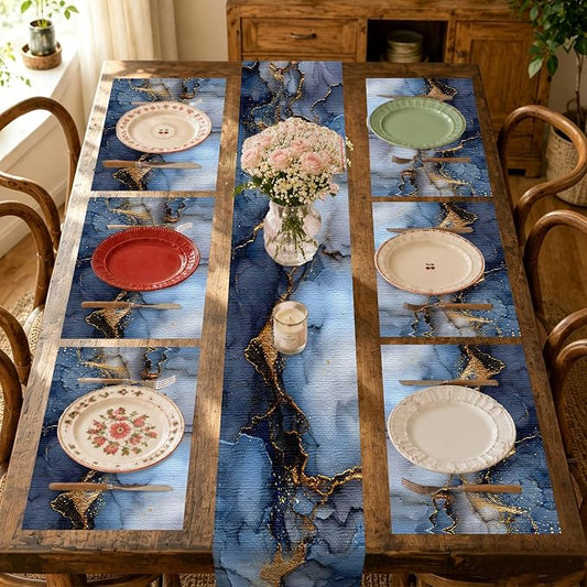 Nuxovilar Square placemats Set of 7 Table Runner and placemats Deep Blue&Gold Marble Pattern Linen-Cotton Tablerunner(72X13inch)&6 Placemats(11.8X17.7) Table Decor Essentials Kitchen,Dining Room