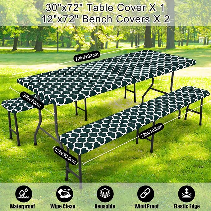 Smiry Picnic Table Cover with Bench Covers, Waterproof Elastic Fitted Tablecloth for 6 Foot Tables, Washable Polyester Tablecloths for Camping, Indoor & Outdoor (Hunter Green, 30x72 Inch 3-pc Set)