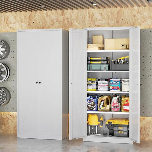 INTERGRAET 63" H Pantry Cabinet, Kitchen Pantry Storage Cabinet with 2 Doors and 4 Adjustable Shelves, White Metal Storage Cupboard for Home, Kitchen, Living Room
