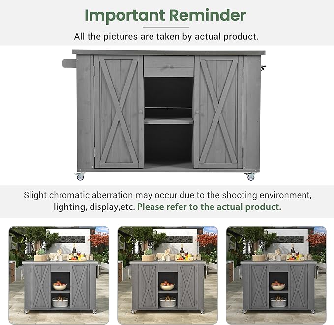 Outdoor Kitchen Island Fir Wood Kitchen Island with Stainless Steel Top,Ample Storage Space, Towel and Spice Racks and a Bottle Opener for Outdoor (Grey@53)